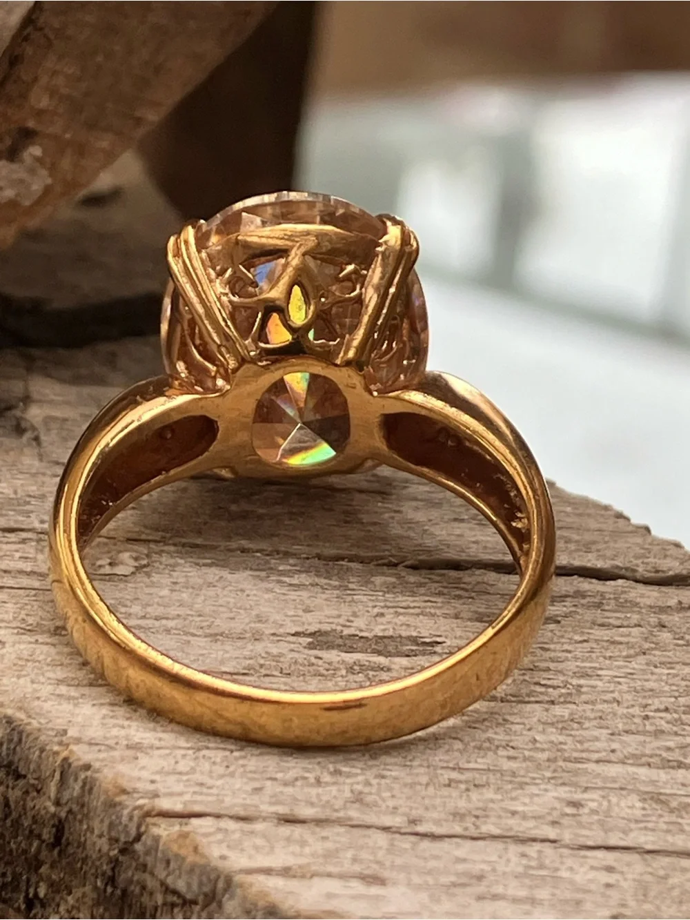 LARGE Champagne CZ Cocktail Solitaire Ring Gold Plated
